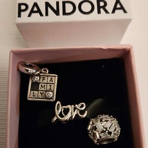 Pandora Silver Bracelet Charms (3) Family, Love And Sparkly Charm